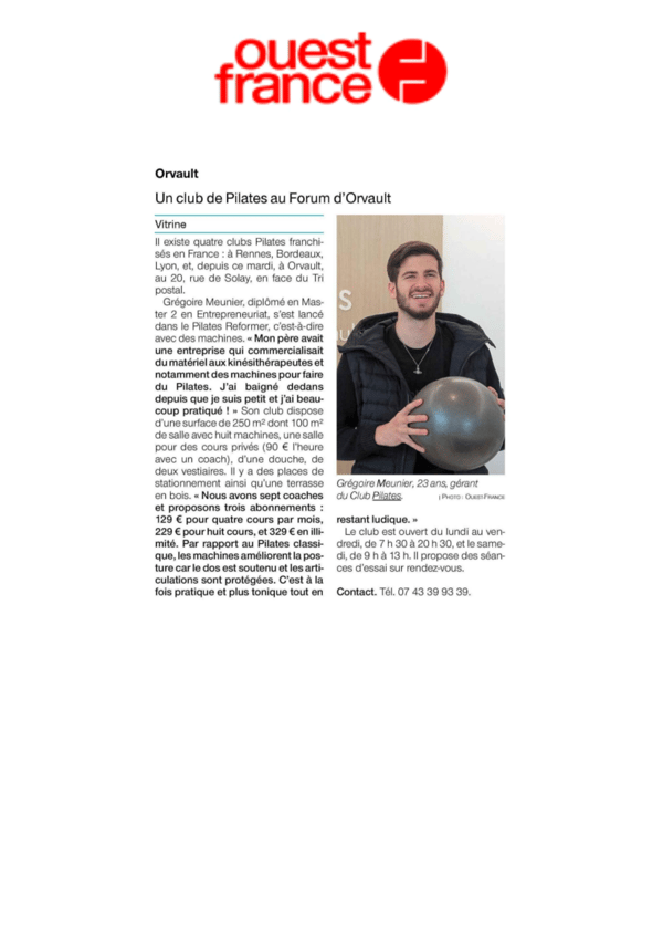 Ouest France annonce : un studio de pilates au Forum d'Orvault