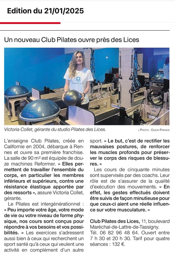 Club Pilates débarque à Rennes et Ouest France le fait savoir !